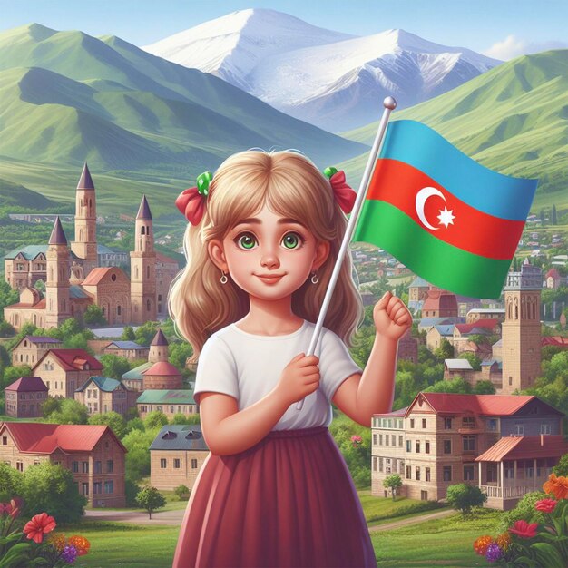 Foto menina do azerbaijão segurando a bandeira do azerbaijão na cintura de seu cavalo na montanha do karabakh do azerbaijão