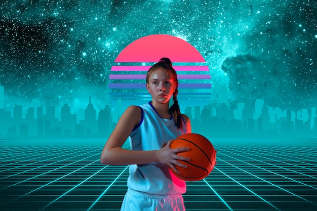 Menina do basquete. fundo bonito com onda sintetizada e onda retrô vaporwave futurista