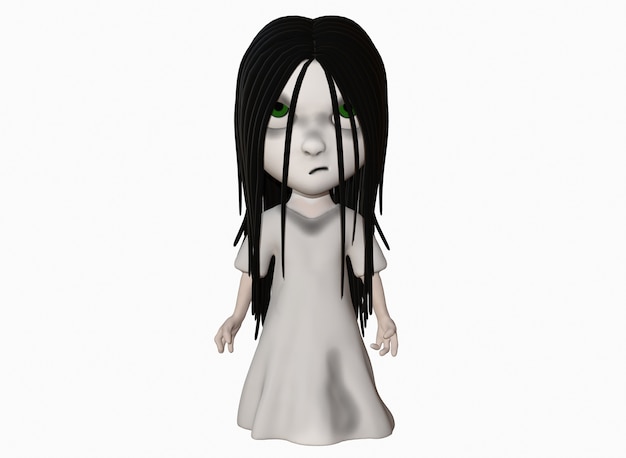 Menina do horror do personagem de desenho animado assustador com renderização em 3d de cabelo preto.