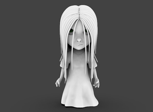 Menina do horror do personagem de desenho animado assustador com renderização em 3d de cabelo preto.