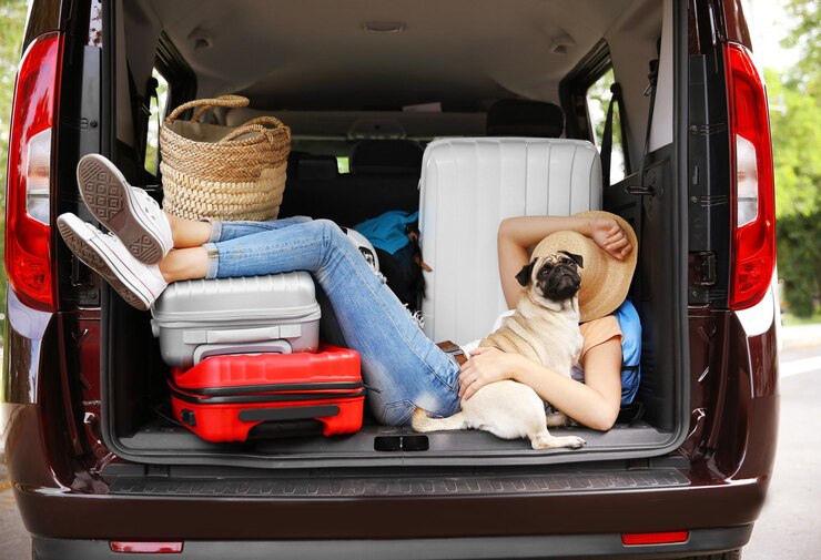 Foto menina dormindo no porta-malas do carro com um pug bonito e bagagem conceito de viagem