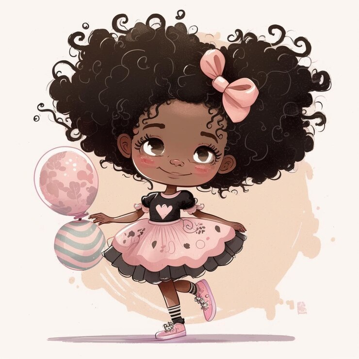 Foto menina dos desenhos animados com cabelos cacheados segurando um balão e um vestido rosa generativo ai