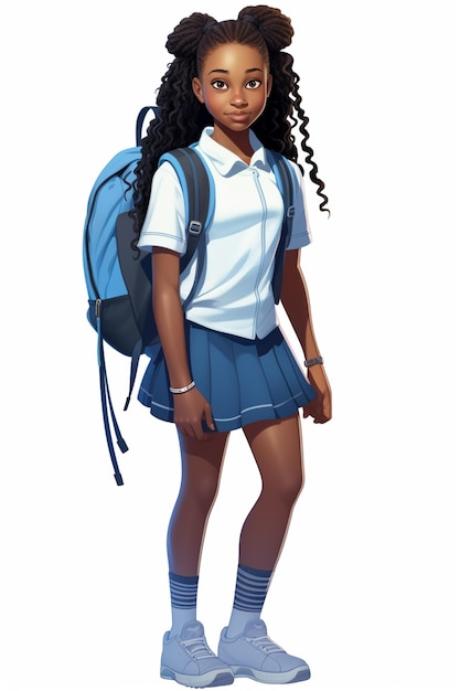 menina dos desenhos animados com mochila e uniforme escolar em frente ao fundo branco generativo ai