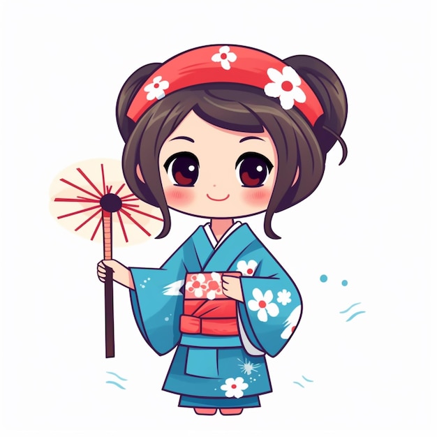 Foto menina dos desenhos animados com roupa de quimono segurando um guarda-chuva vermelho gerativo ai
