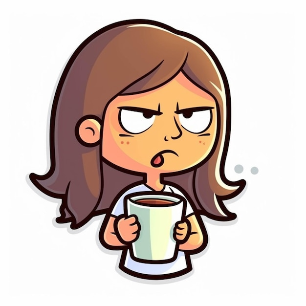 Menina dos desenhos animados com uma xícara de café e um olhar chocado generative ai