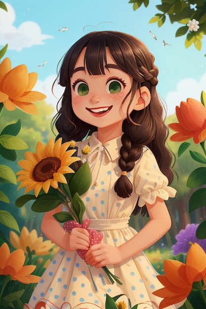 Foto menina dos desenhos animados segurando flores estilo anime sorriso lindo papel de parede ilustração de fundo