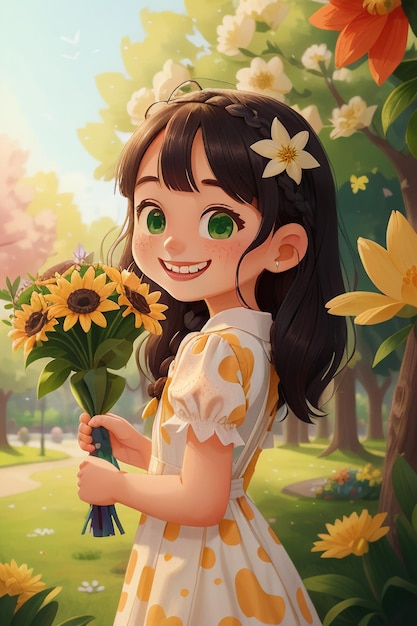 Menina dos desenhos animados segurando flores estilo anime sorriso lindo papel de parede ilustração de fundo