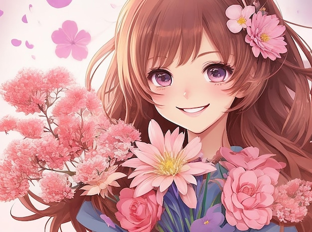 Menina dos desenhos animados segurando flores estilo anime sorriso lindo papel de parede ilustração de fundo