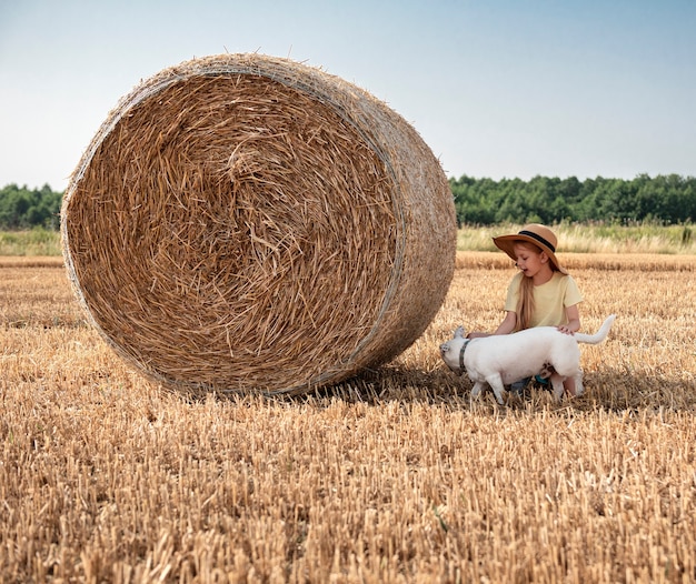 Menina e cachorro se divertindo em um campo de trigo em um dia de verão. criança brincando no campo de fardo de feno durante a época da colheita.