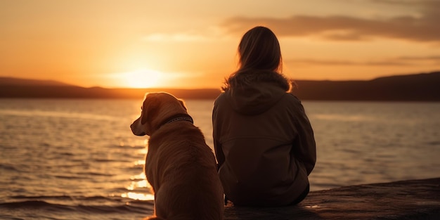 Menina e cachorro sentado na costa e olhando para o pôr do sol generativo ai