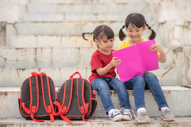 Menina e irmã lendo um livro juntas. Adoráveis crianças asiáticas gostando de estudar ao ar livre juntos. Educação, conceito de inteligência