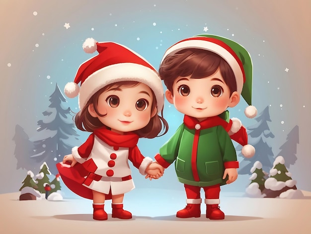 Menina e menino bonitos limpos em personagem de desenho animado de fantasia de Natal Irmão e irmã