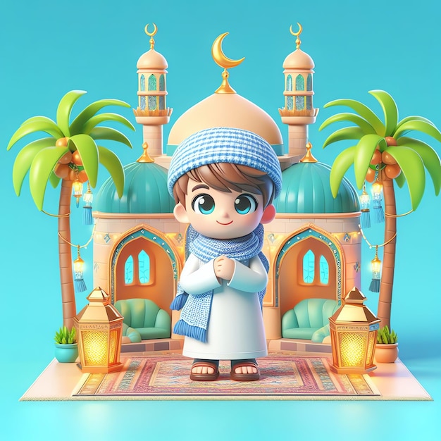 Menina e menino bonitos personagens 3D muçulmanos celebrando Eid Mubarak desenho animado Ilustração Pessoas Religião