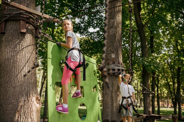 Menina e menino em equipamento sobe no parque de corda. criança escalando ponte suspensa