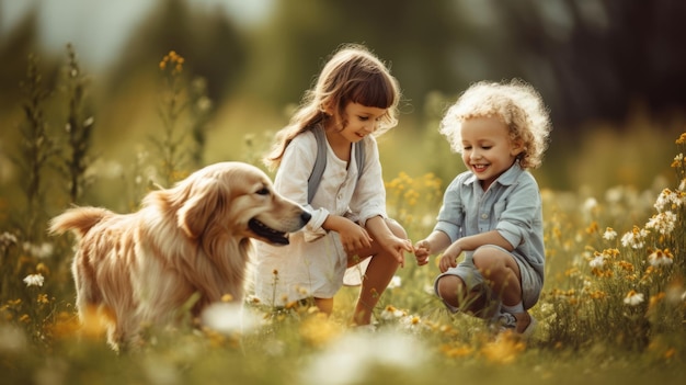 Menina e menino estão brincando no campo de verão com o cachorro