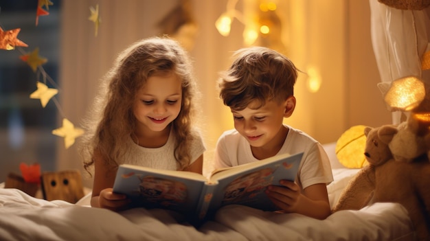 Menina e menino felizes lendo um livro em uma sala de crianças ao fundo