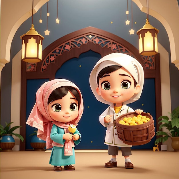 Menina e menino muçulmanos adoráveis comemorando o Eid Mubarak com uma ilustração de ícone vetorial de desenho animado de tambor bedug