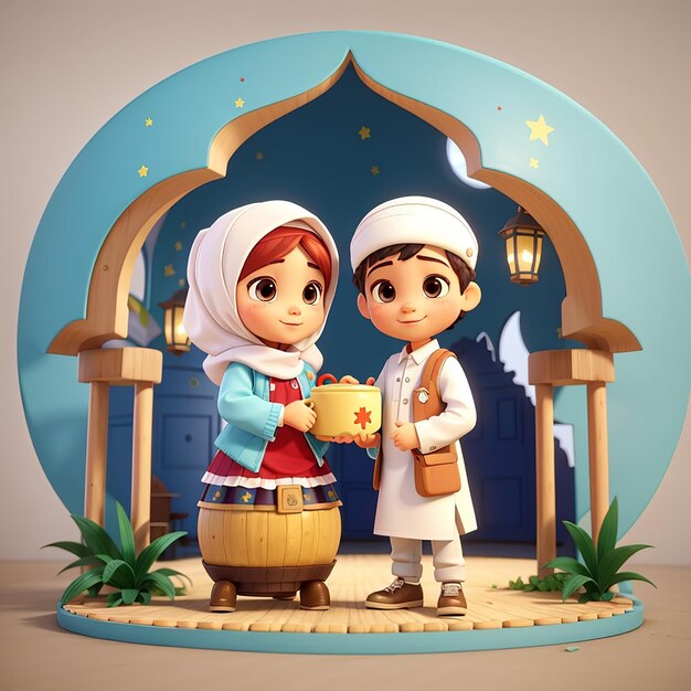 Menina e menino muçulmanos adoráveis comemorando o Eid Mubarak com uma ilustração de ícone vetorial de desenho animado de tambor bedug