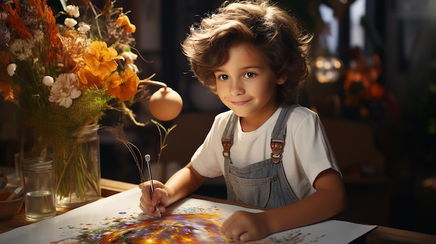 Foto menina e menino pintando arte em uma pequena mesa branca dentro