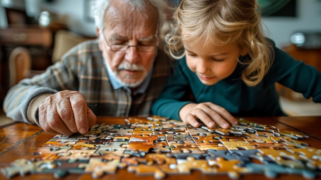 Foto menina e seu avô brincando de quebra-cabeça em casa
