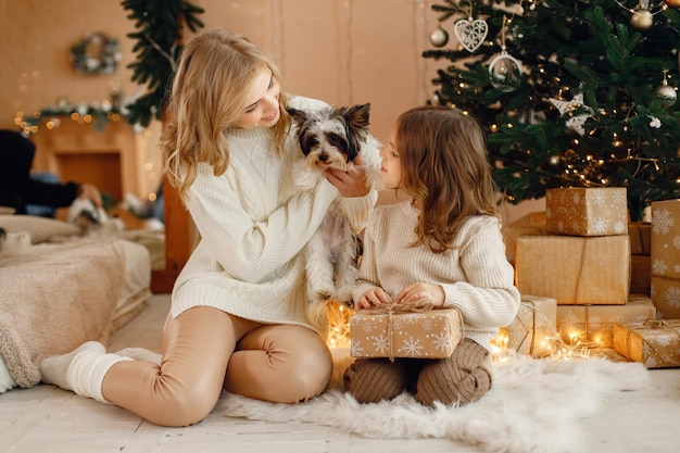 Menina e sua mãe sentada perto da árvore de Natal com yorkshire terrier