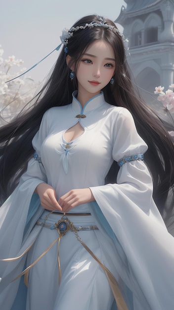 Menina elegante de fantasia wuxia gerada por IA perto de uma torre