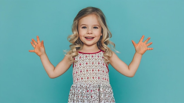 Menina elegante e sorridente posando em vestido isolado em fundo branco de estúdio