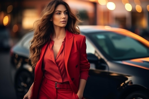 Foto menina elegante em luxuoso terno vermelho saindo de um carro ai