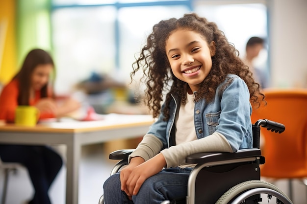 Foto menina em cadeira de rodas em sala de aula