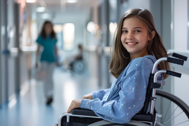 Menina em cadeira de rodas no corredor do hospital