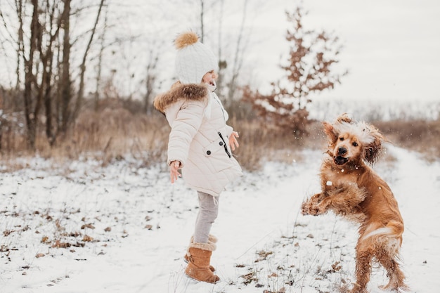 Menina em campos de inverno surroundign com cachorro cocker spaniel