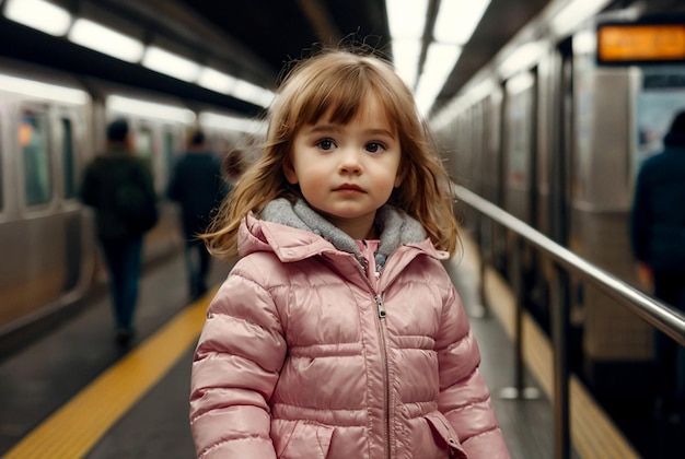 Menina em carrinho de bebê na estação de metrô no transporte público metropolitano esperando