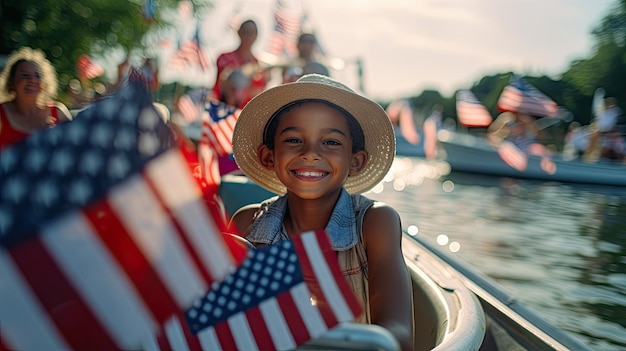Menina em um barco com bandeira americana Aventura Patriótica na Água Dia da Independência Americana