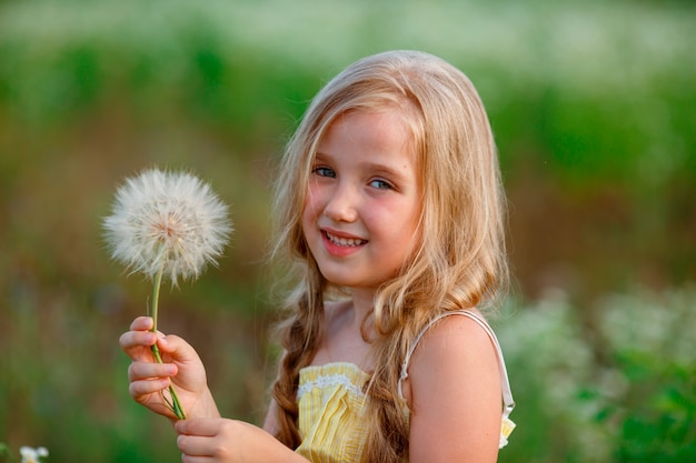 Menina em um campo com um dente de leão andando no verão