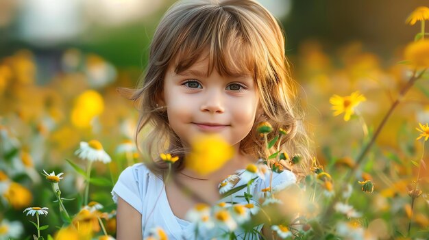 Menina em um campo de flores Ela está sorrindo e parece feliz O sol está brilhando e as flores são coloridas A imagem é quente e convidativa