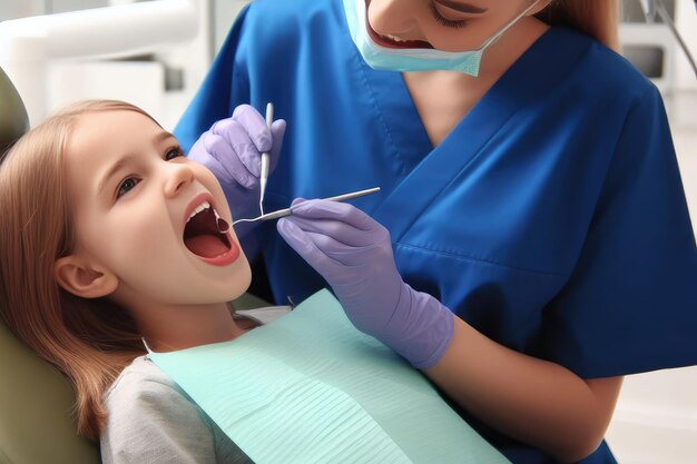 menina em um consultório dentário sentada em uma cadeira em uma consulta dentária