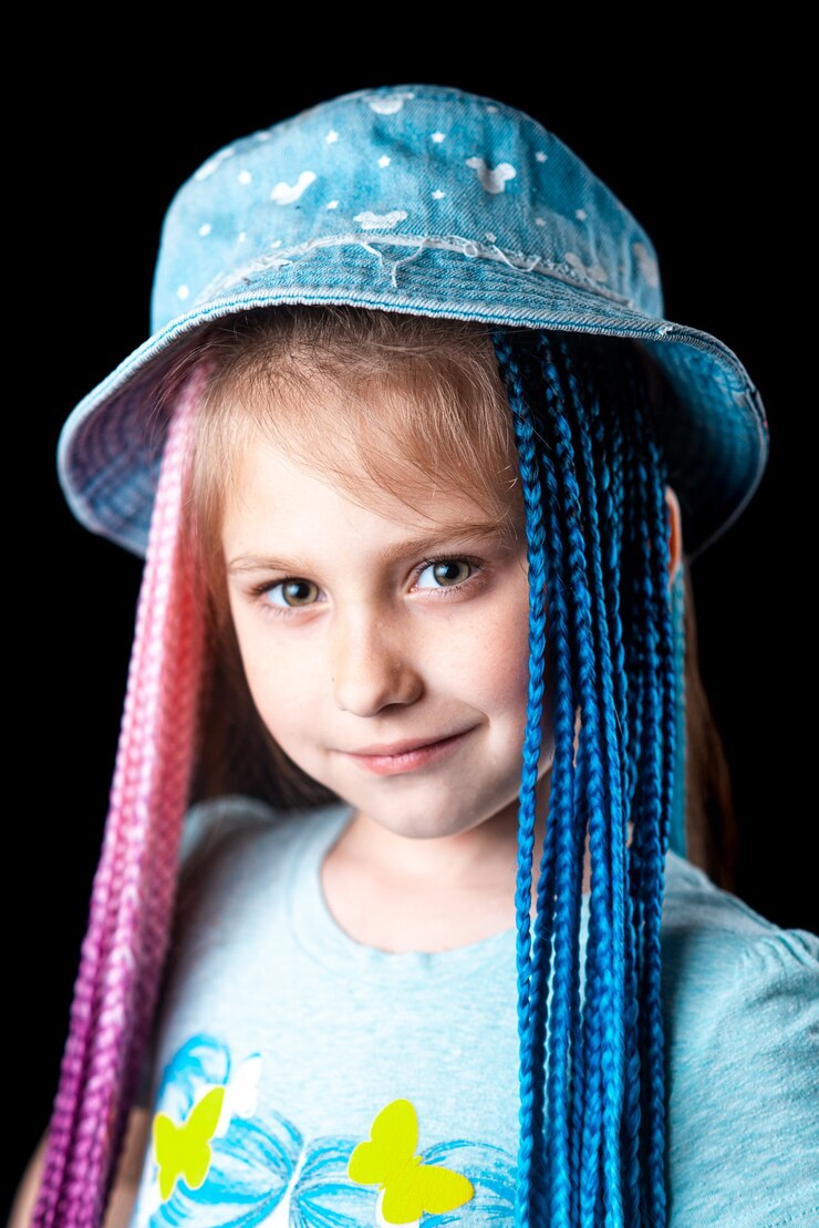 Foto menina em um fundo preto com tranças de elástico afro azul e rosa em um elástico ...