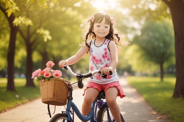 Foto menina em uma bicicleta no parque de verão andando de bicicleta ao ar livre