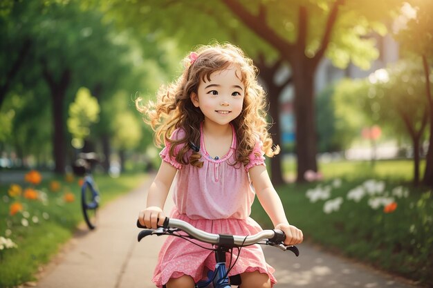 Foto menina em uma bicicleta no parque de verão andando de bicicleta ao ar livre