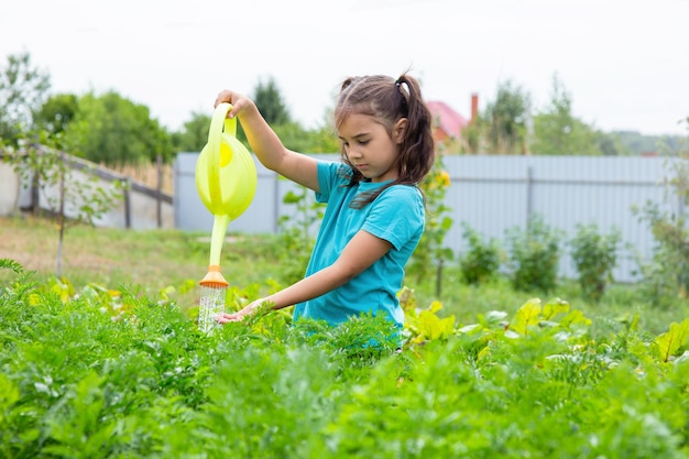 Menina em uma camiseta verde regando uma cama verde de regador amarelo no jardim