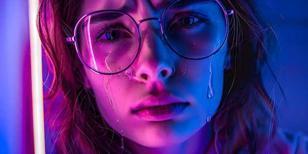 Menina emocional com óculos derramando lágrimas sob luzes de néon close-up shot Concept Neon Light Emotions Close-up Tears Emotional Portraits Menina com óculos Neon Light Photography