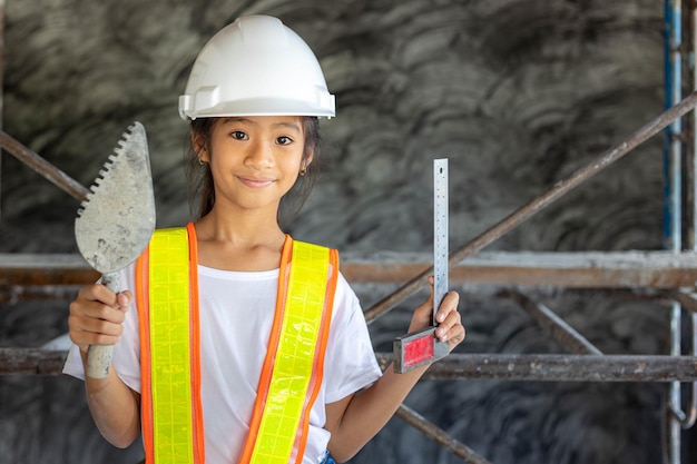 Menina engenheira usa camisa de segurança e capacete de segurança segurando a ferramenta no canteiro de obras Conceito de aprendizado e trabalho dos sonhos