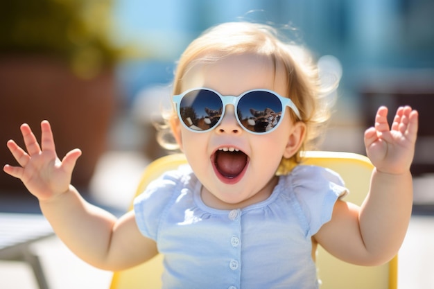 Menina engraçada brincando ao ar livre criança emocional surpresa em óculos de sol bebê de 1 ano levantou as mãos
