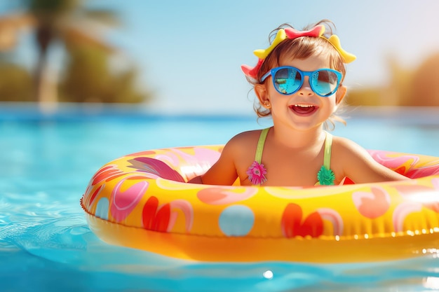 Foto menina engraçada e fofa em um maiô colorido e óculos de sol