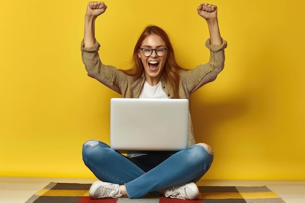 Menina entusiasmada ganha competição de laptop em fundo amarelo