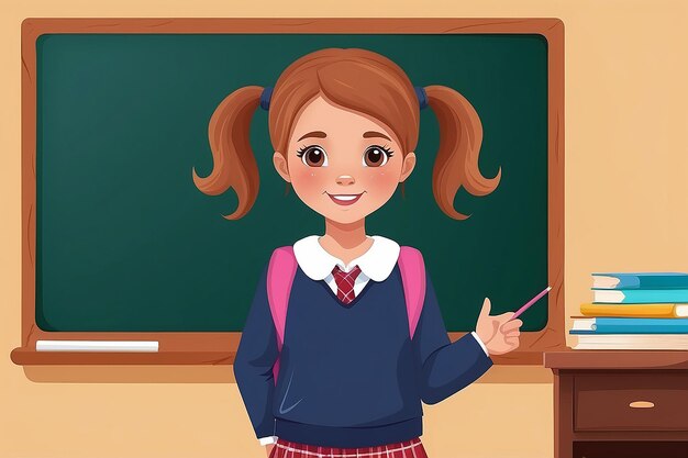 Menina escolar com desenho de ilustração vetorial no quadro