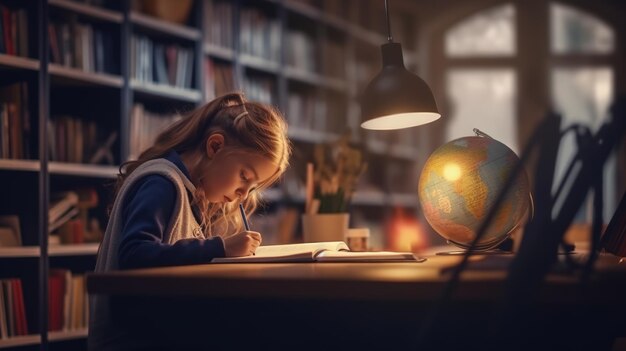 Menina escrevendo algo no caderno e sentado à mesa