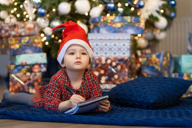 Menina, escrevendo uma carta para o Papai Noel. criança sonha perto da árvore de natal sobre desejo, presente no ano novo