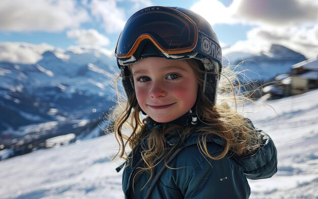 menina esquiadora com óculos de esqui e capacete de esqui na montanha de neve