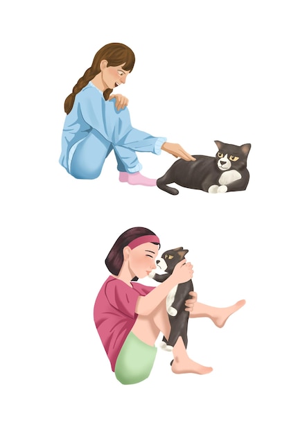 menina está brincando com um gato entediado ilustração digital